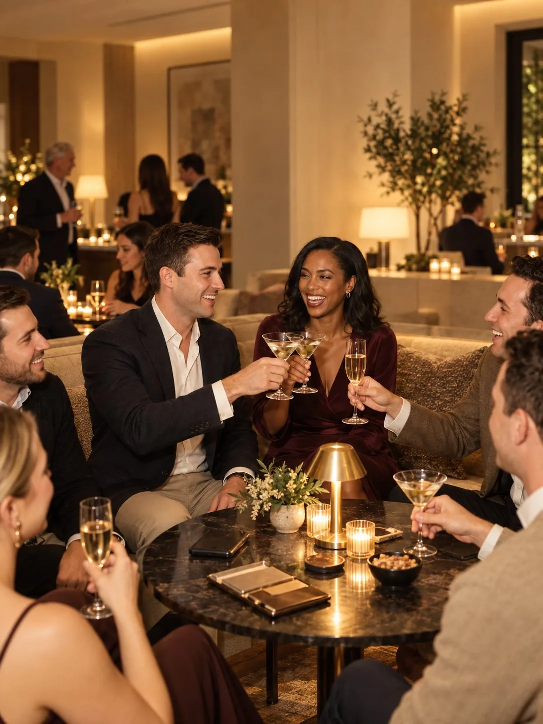 A group of five members raising a toast by candlelight in the HRVN lounge