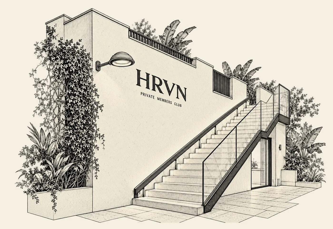 Ink illustration of the HRVN entrance and the approach from the marina at Puerto Portals
