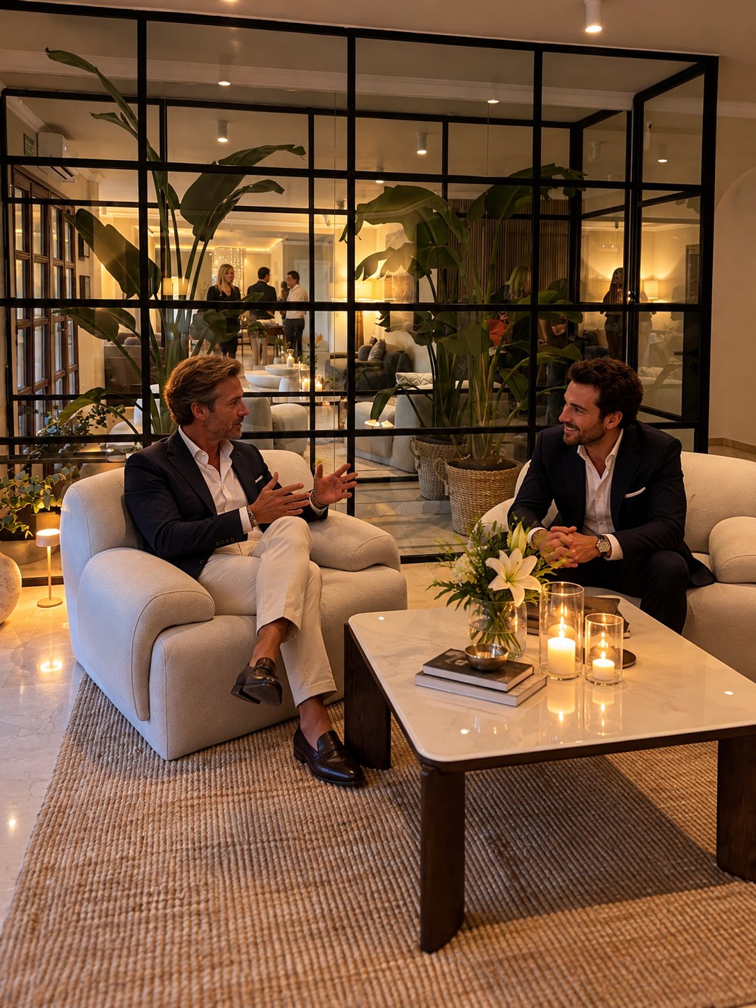 Zwei G&auml;ste im Gespr&auml;ch in der Lounge